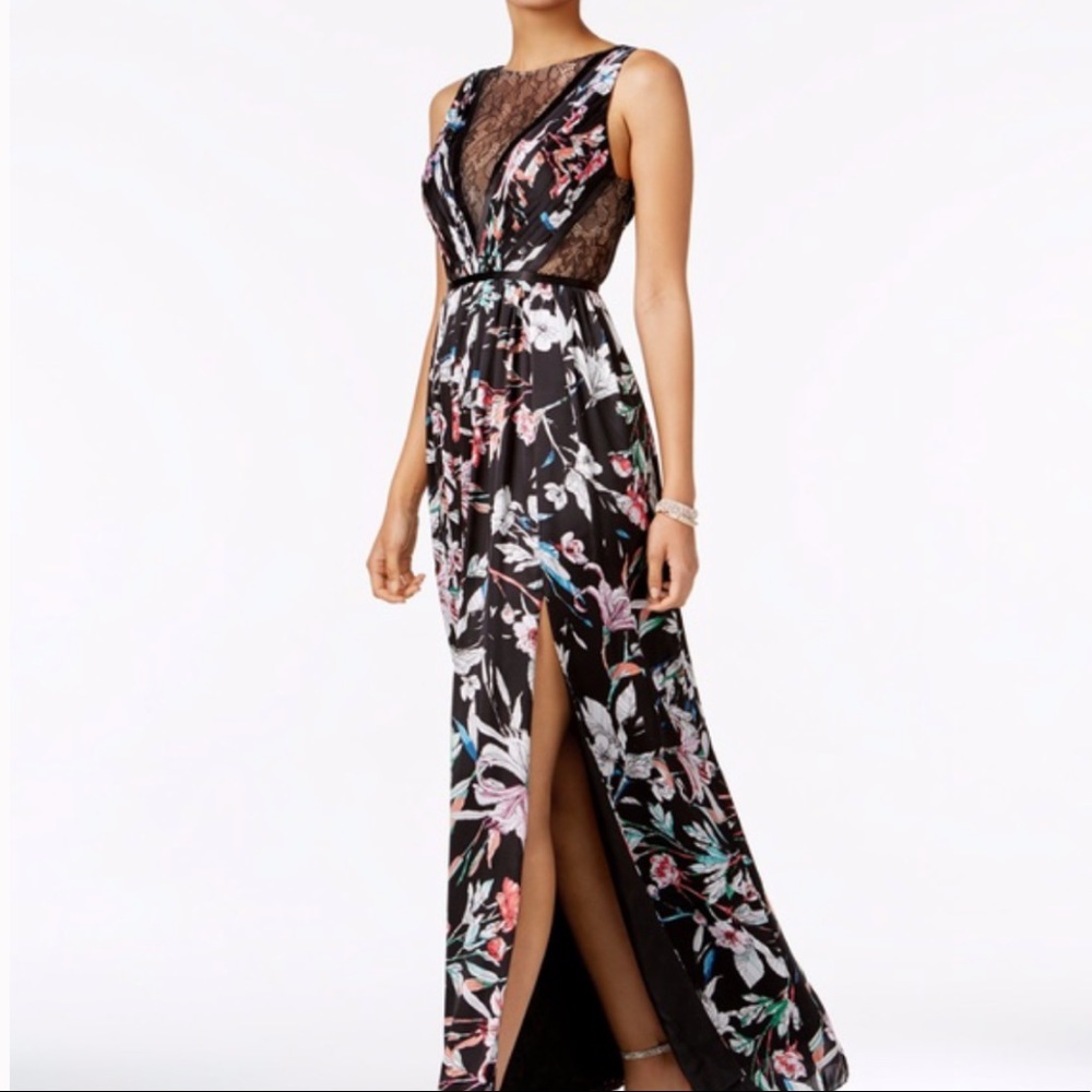 Adrianna Papell Illusion-Bodice Printed Gown Dress